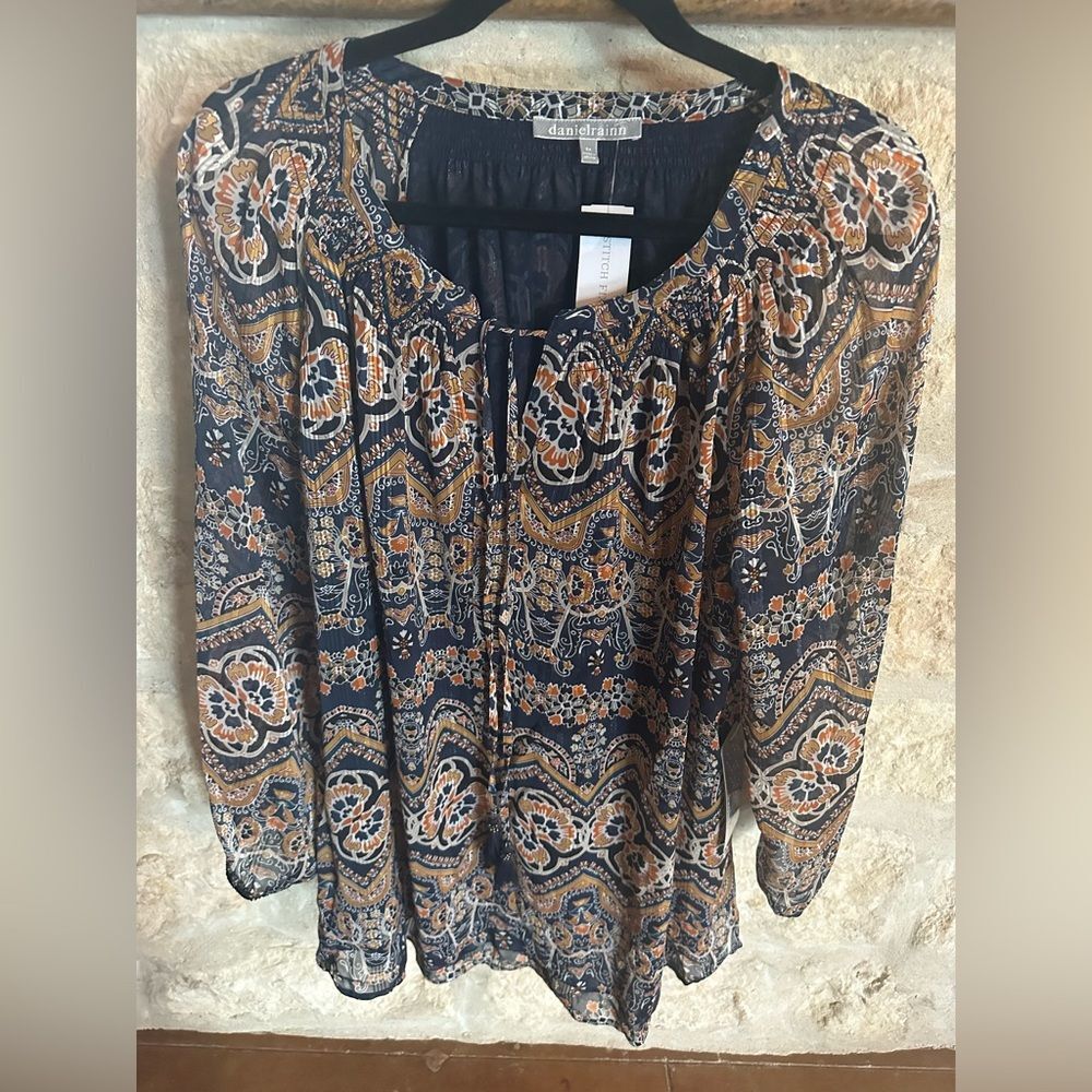 Daniel Rainn Breese Tie Neck Top Shirt Blouse  2X Blue